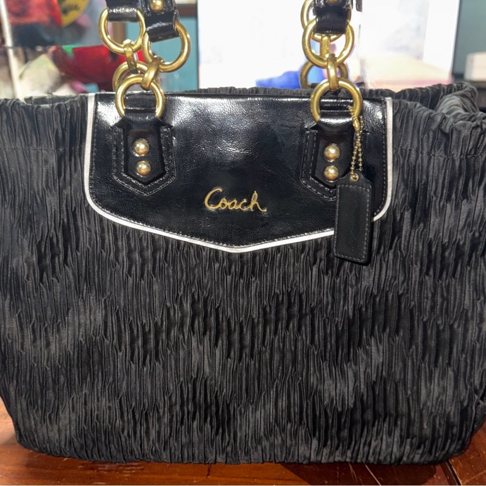 COACH #20050 Ashley Black Gathered Satin Satchel Carryall HandBag - Picture 3 of 9